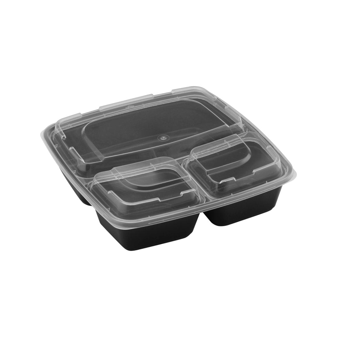 48oz Square Microwaveable Container with Lid 3-compartment, 100 Sets