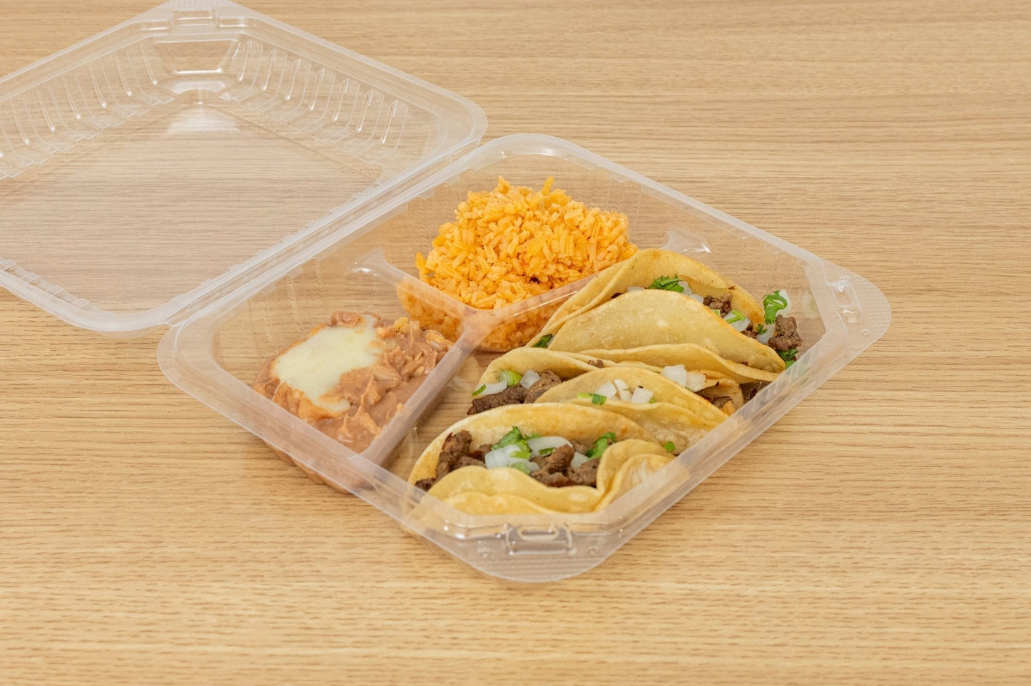 Clear Hinged PS Container 3-compartment, 8" x 8" 2in Tall, 200pc