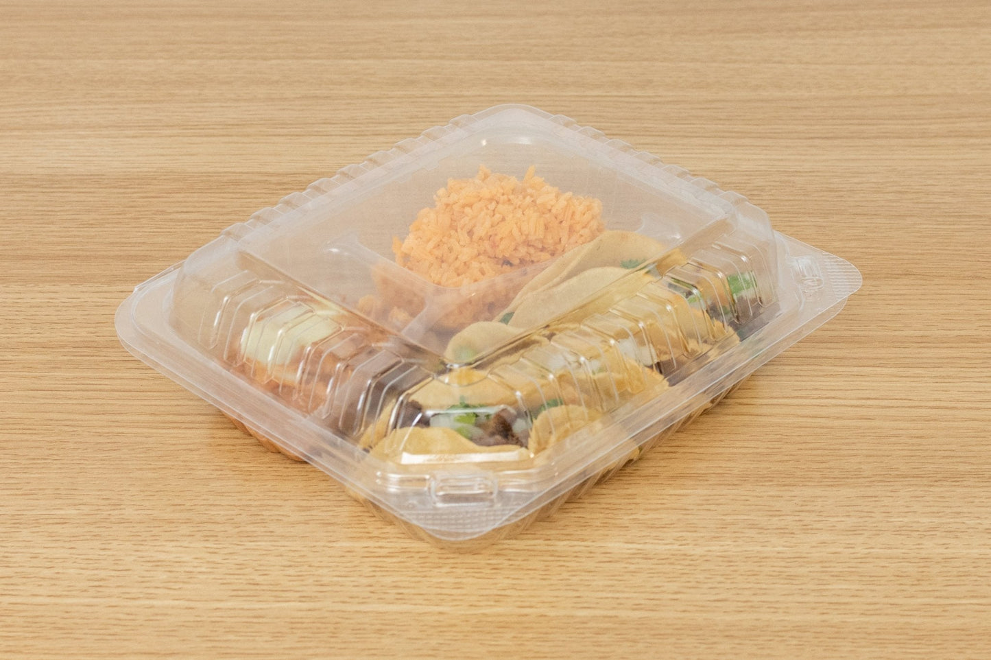 Clear Hinged PS Container 3-compartment, 8" x 8" 2in Tall, 200pc