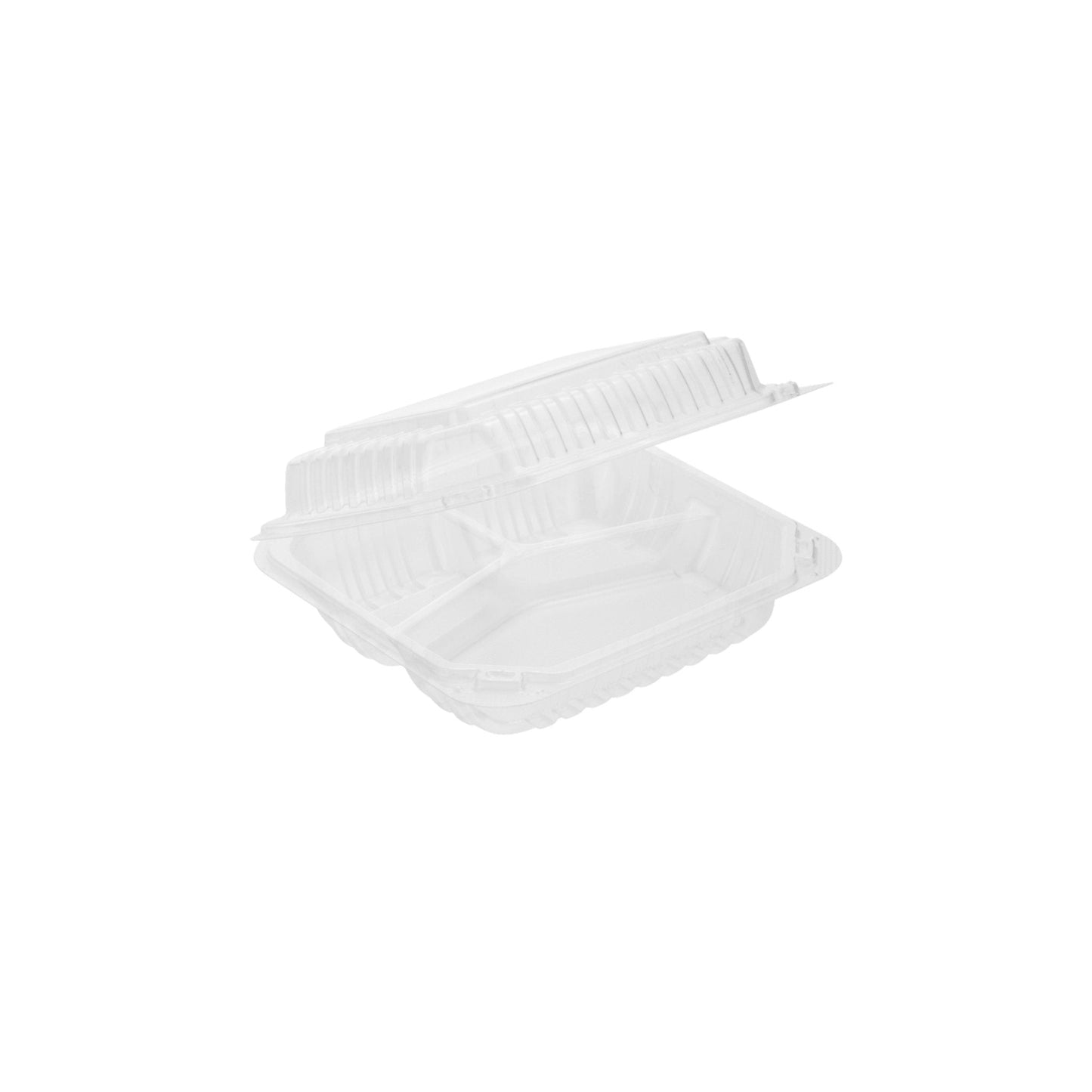 Clear Hinged PS Container 3-compartment, 8" x 8" 2in Tall, 200pc