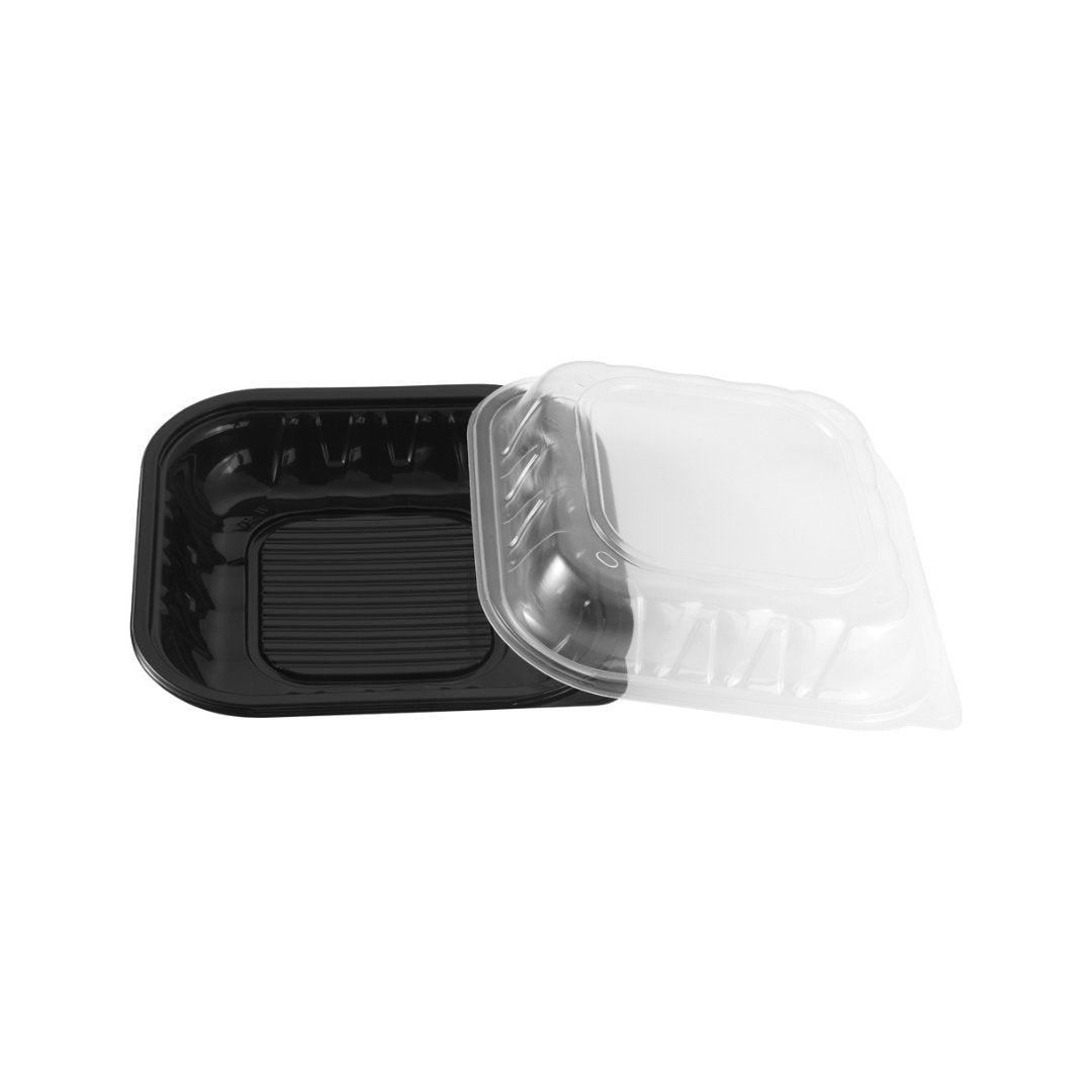 Two-Piece Microwaveable Black Tray with Translucent Lid, 8" x 8", 100 Sets