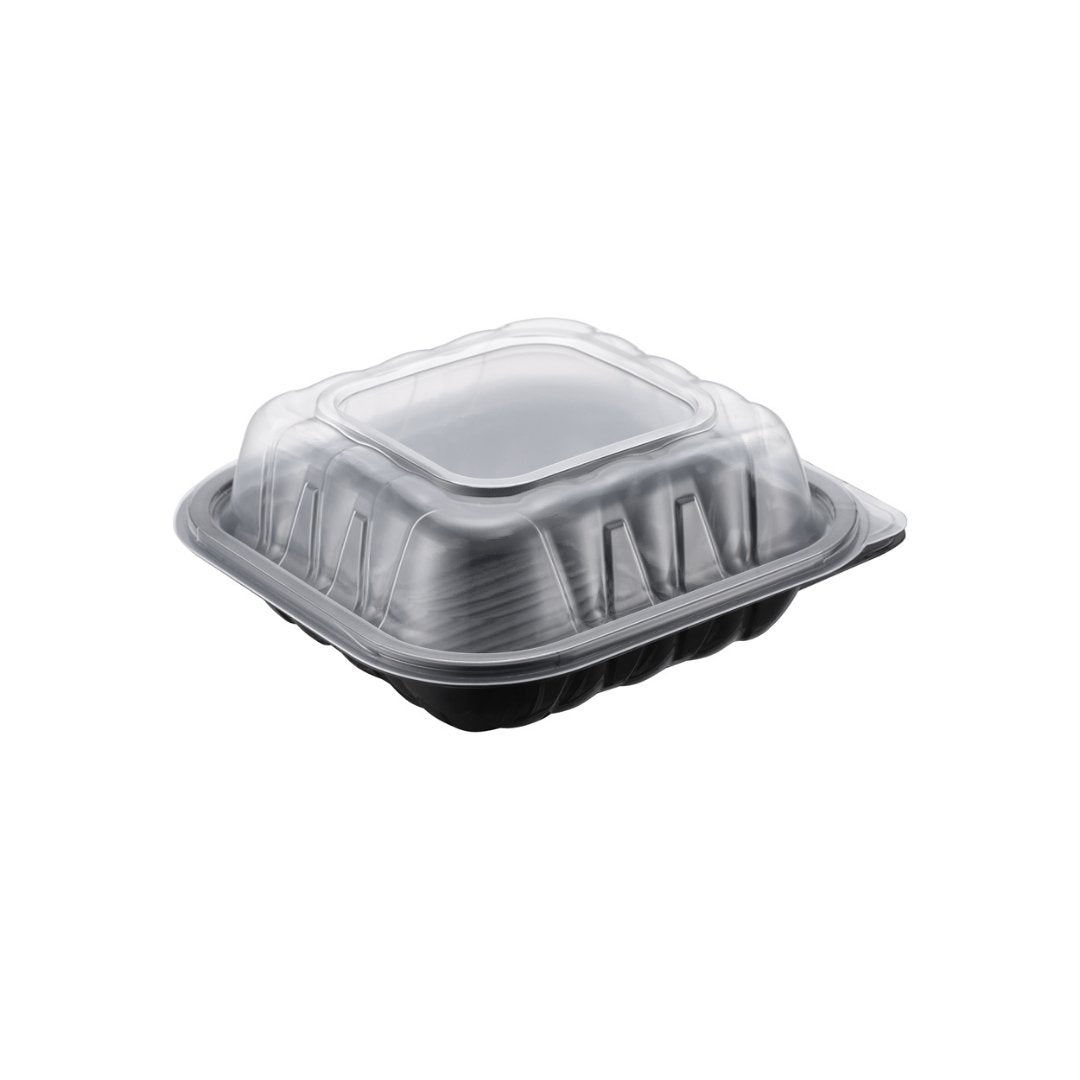 Two-Piece Microwaveable Black Tray with Translucent Lid, 8" x 8", 100 Sets