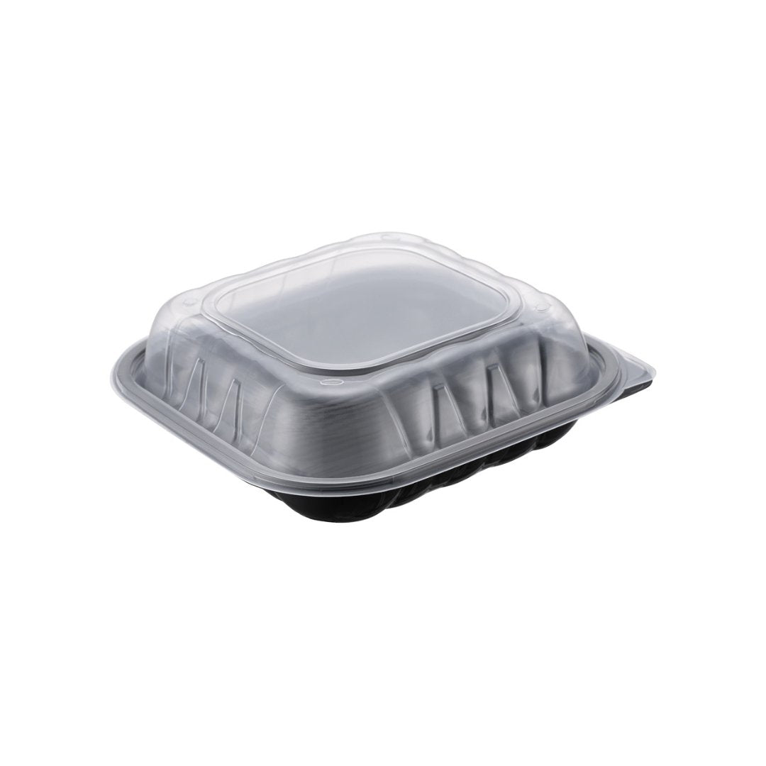 Two-Piece Microwaveable Black Tray with Translucent Lid, 9" x 9", 100 Sets