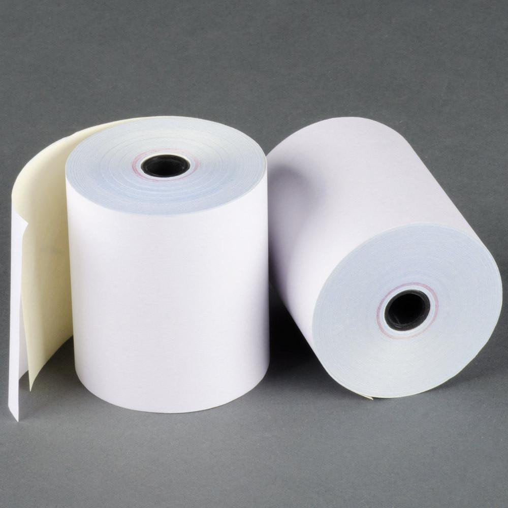 Watson Distributing 3" x 90' 2-Ply Carbonless Paper Rolls - White/Canary, 50 Rolls/Case