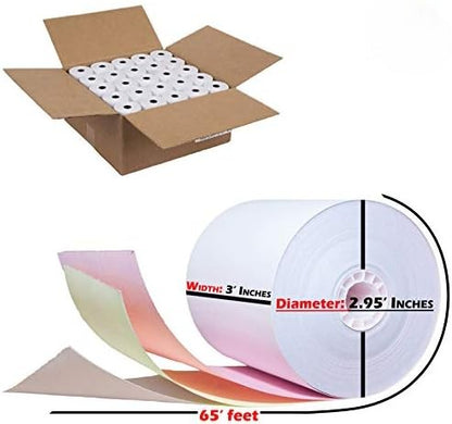 Watson Distributing 3" x 65' 3-Ply Carbonless Paper Rolls - White/Canary/Pink, 50 Rolls/Case