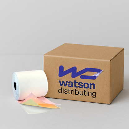 Watson Distributing 3" x 65' 3-Ply Carbonless Paper Rolls - White/Canary/Pink, 50 Rolls/Case