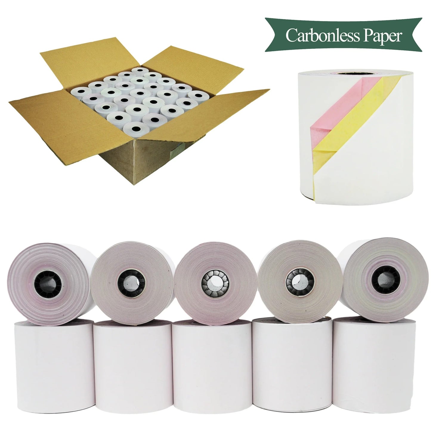 Watson Distributing 3" x 65' 3-Ply Carbonless Paper Rolls - White/Canary/Pink, 50 Rolls/Case