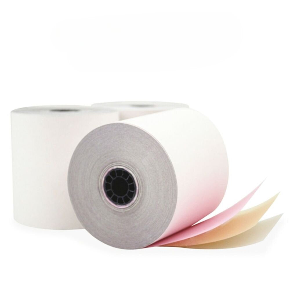 Watson Distributing 3" x 65' 3-Ply Carbonless Paper Rolls - White/Canary/Pink, 50 Rolls/Case