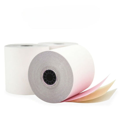 Watson Distributing 3" x 65' 3-Ply Carbonless Paper Rolls - White/Canary/Pink, 50 Rolls/Case