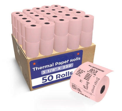 Watson Distributing 3 1/8" x 230' Thermal Receipt Paper Rolls - Pink, 50 Rolls/Case