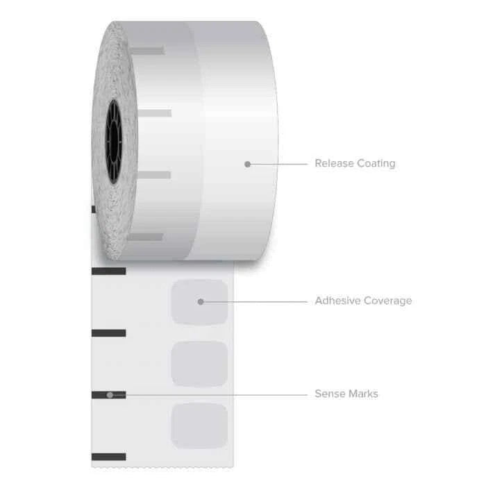 58 mm x 350 ft Iconex Sticky Media High-Tack G2, 12 per Carton, 55 GSM Facestock, 100 mm OD, in Sense Mark Repeat