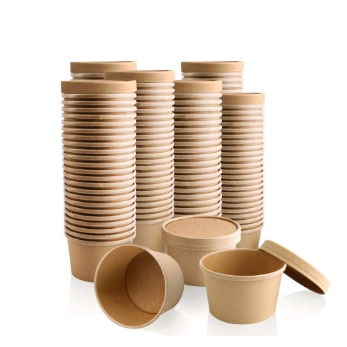 Watson Distributing 12 Oz Paper Ice Cream/Soup Cup With Paper Lid Combo Brown 250 Sets/Case