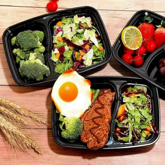 Watson Distributing 34 Oz Black Rectangular Microwaveable Container With Lid 2-Compartment 150/Case