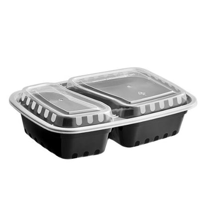 Watson Distributing 34 Oz Black Rectangular Microwaveable Container With Lid 2-Compartment 150/Case
