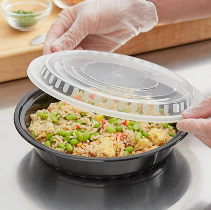 Watson Distributing 48 Oz 9" Black Microwaveable Round Flat Bowl With Clear Lid Combo 150/Case