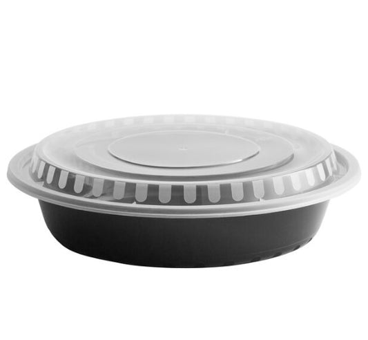 Watson Distributing 48 Oz 9" Black Microwaveable Round Flat Bowl With Clear Lid Combo 150/Case
