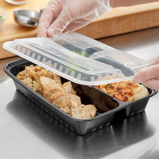 Watson Distributing 48 Oz Square Microwaveable Container With Lid 3-Compartment 100 Sets