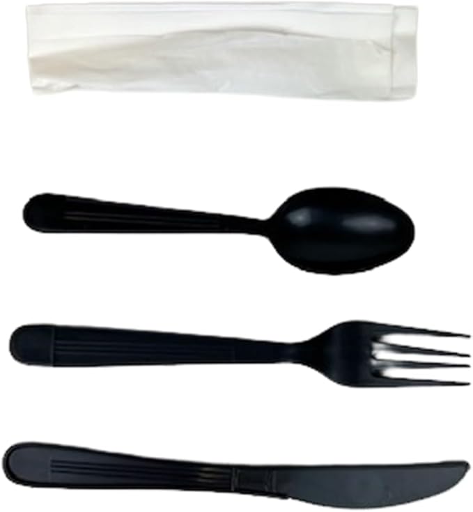 Watson Distributing Heavy Weight Cutlery Set Black 7" Fork, Knife, Spoon, Napkin 250/Case