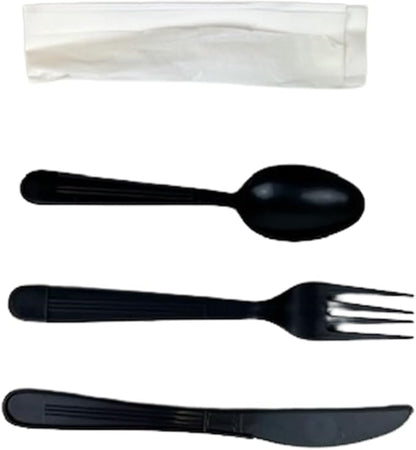 Watson Distributing Heavy Weight Cutlery Set Black 7" Fork, Knife, Spoon, Napkin 250/Case