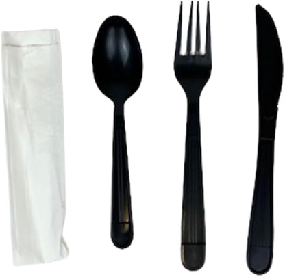 Watson Distributing Heavy Weight Cutlery Set Black 7" Fork, Knife, Spoon, Napkin 250/Case