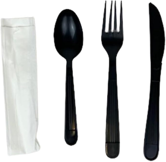 Watson Distributing Heavy Weight Cutlery Set Black 7" Fork, Knife, Spoon, Napkin 250/Case