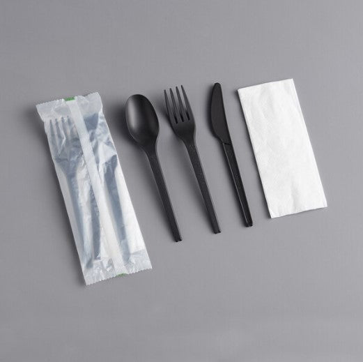 Watson Distributing Heavy Weight Cutlery Set Black 7" Fork, Knife, Spoon, Napkin 250/Case