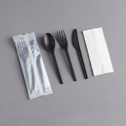 Watson Distributing Heavy Weight Cutlery Set Black 7" Fork, Knife, Spoon, Napkin 250/Case