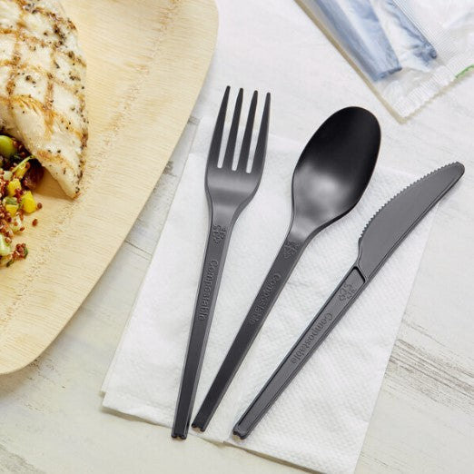 Watson Distributing Heavy Weight Cutlery Set Black 7" Fork, Knife, Spoon, Napkin 250/Case