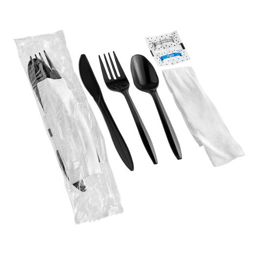 Watson Distributing Medium Weight Wrapped Black Plastic Cutlery Set With Napkin And Salt And Pepper 250/Case