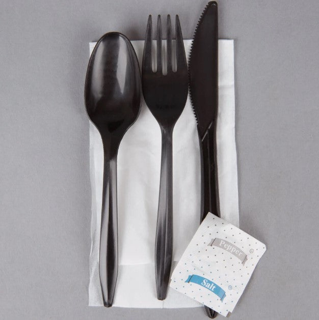 Watson Distributing Medium Weight Wrapped Black Plastic Cutlery Set With Napkin And Salt And Pepper 250/Case