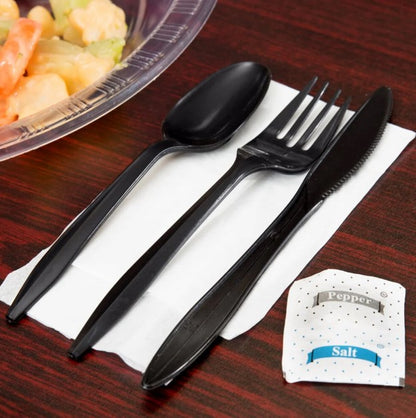 Watson Distributing Medium Weight Wrapped Black Plastic Cutlery Set With Napkin And Salt And Pepper 250/Case