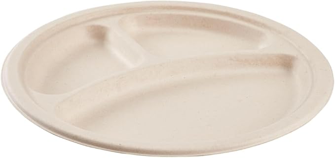 Watson Distributing 10" Disposable Plate Round Bagasse 3-Compartment 500/Case