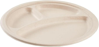 Watson Distributing 10" Disposable Plate Round Bagasse 3-Compartment 500/Case