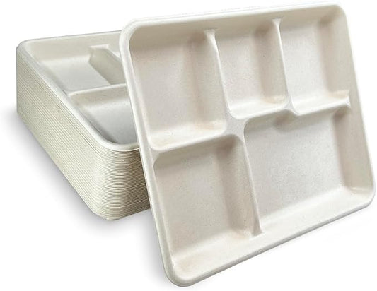 Watson Distributing Disposable Plate Bagasse Rectangular Tray 5-Compartment 500/Case