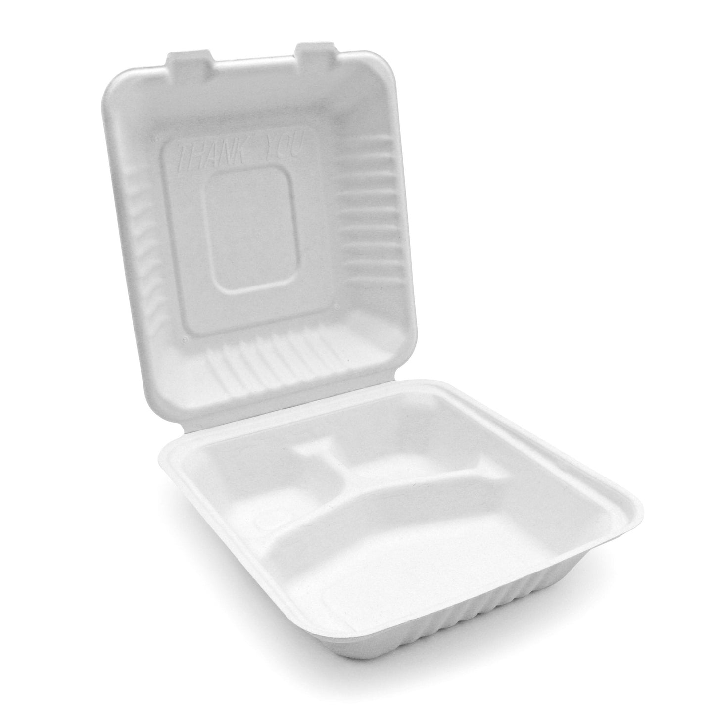 Bagasse Hinged Container 3-compartment, PFAS FREE, White, 9" x 9", 200pc