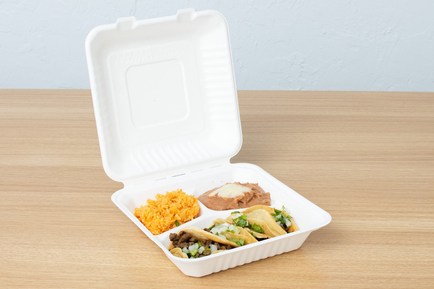 Bagasse Hinged Container 3-compartment, PFAS FREE, White, 9" x 9", 200pc