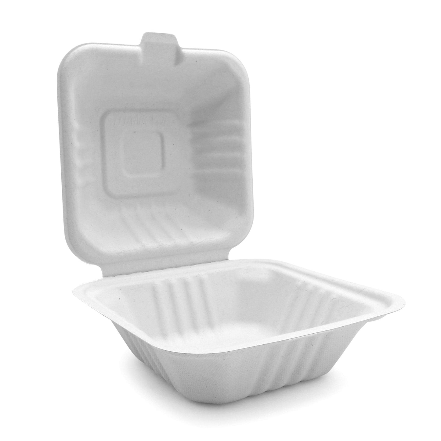 Bagasse Hinged Container, White, PFAS FREE, 6" x 6", 500pc