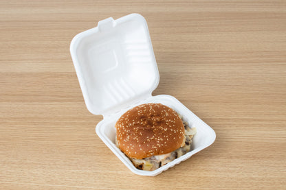 Bagasse Hinged Container, White, PFAS FREE, 6" x 6", 500pc
