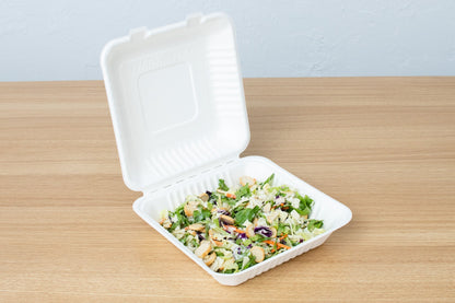 Bagasse Hinged Container, White, PFAS FREE, 8" x 8", 200pc