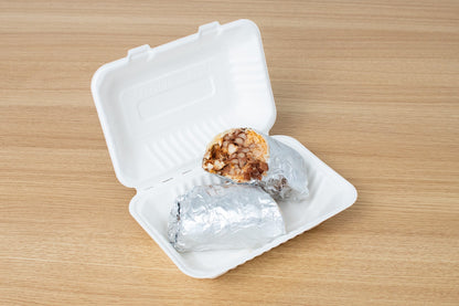 Bagasse Hinged Container, White, PFAS FREE, 9" x 6", 250pc
