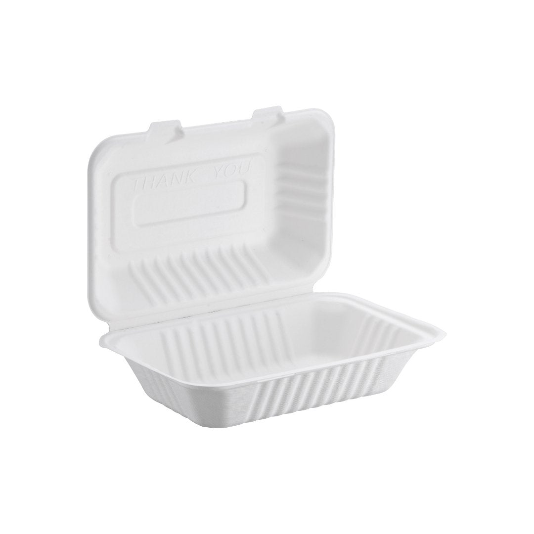Bagasse Hinged Container, White, PFAS FREE, 9" x 6", 250pc