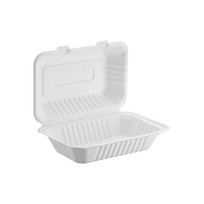 Bagasse Hinged Container, White, PFAS FREE, 9" x 6", 250pc