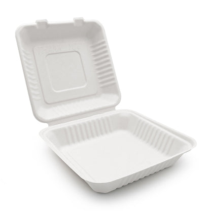 Bagasse Hinged Container, White, PFAS FREE, 9" x 9", 200pc