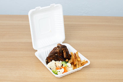 Bagasse Hinged Container, White, PFAS FREE, 9" x 9", 200pc