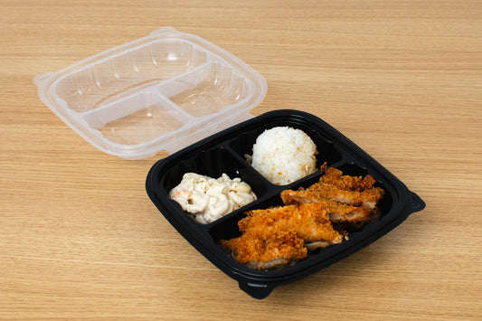 Hinged Clear Top Container 3-compartment, 9" x 9", 100pc
