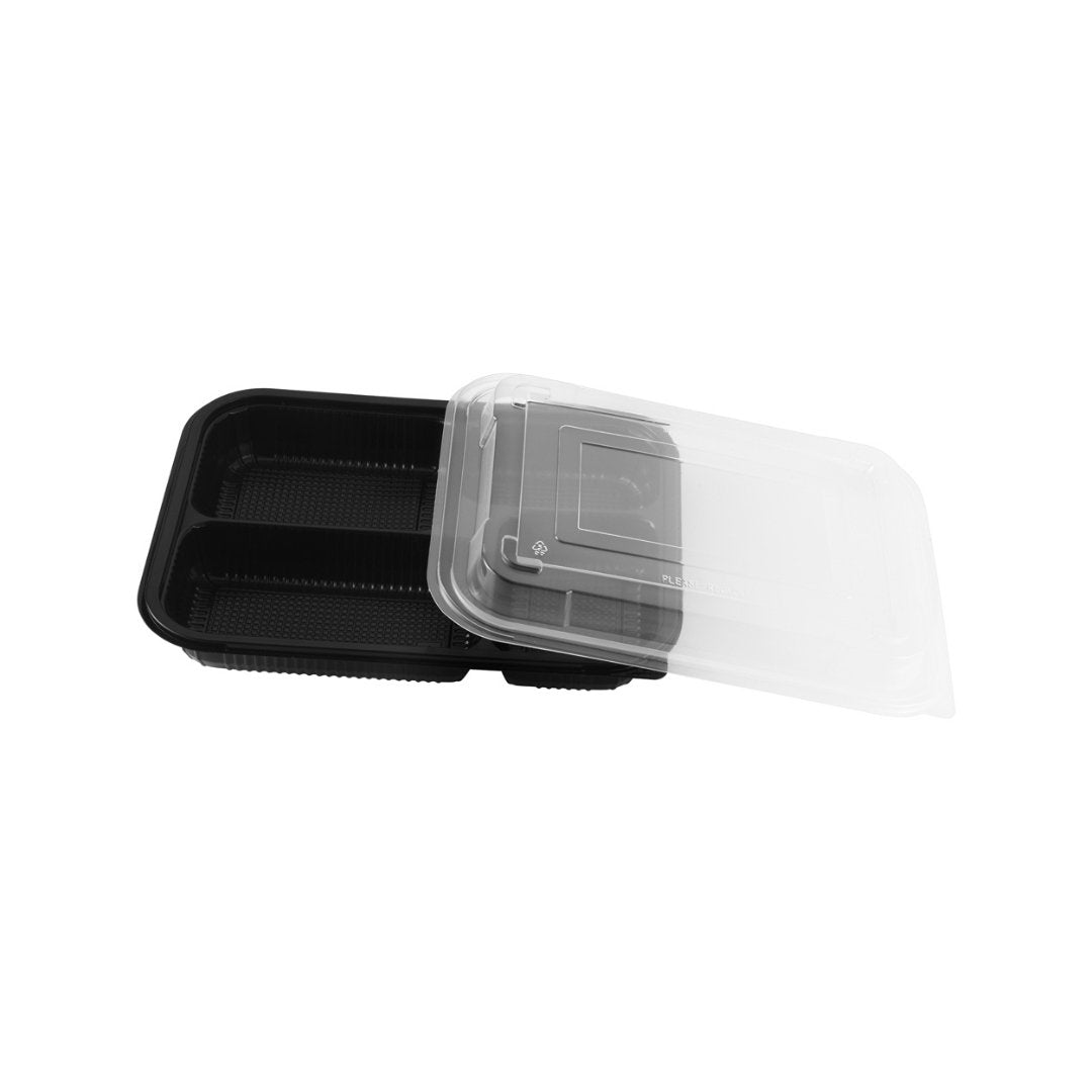 Two-Piece Microwaveable Black Tray Translucent Lid 10.5" x 8", 4-Compartment, 100 Sets