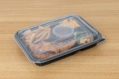 Two-Piece Microwaveable Black Tray with Translucent Lid 10.5" x 8", 5-Compartment, 100 Sets
